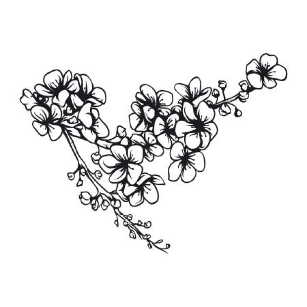 Flower branch painting template 2144 - Graphic design with a branch shape featuring flowers and buds in delicate lines.