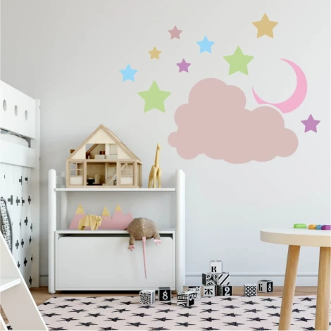 Charming star and cloud painting template in pastel colors, perfect for a child\'s room.