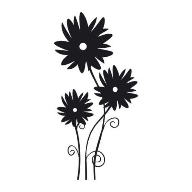 Flower painting stencil 2112 - Graphic design featuring three rounded petal flowers with wavy stems and spirals.