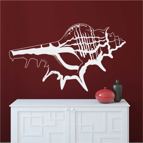 Shell painting template 2106 - Living room setup. Dark red wall with white shell pattern above white furniture.