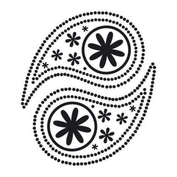 Painting template 2104 - Graphic design with two flower circles surrounded by wavy lines and small stars.