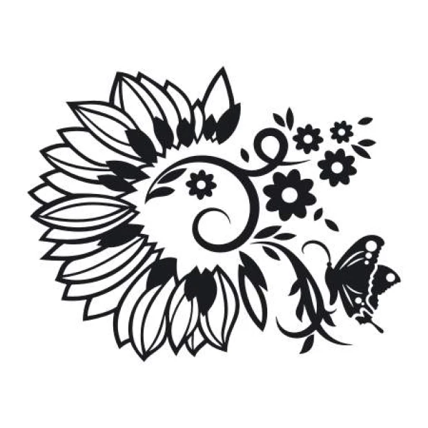 Floral painting template 2120 - Graphic design featuring large flowers, spiral lines, and a butterfly.