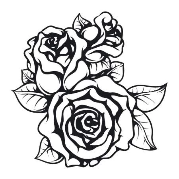 Rose painting stencil 2137 - Graphic design featuring rose shapes with wavy petals and leaves in various sizes.