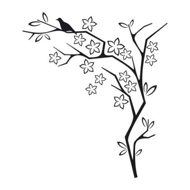 Wall template tree bird 2115 - Graphic design featuring a branch with a bird and flowers.