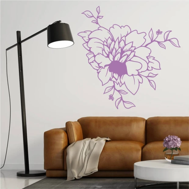 Flower painting stencil 2084 - Living room setup. Light walls, brown sofa, floor lamp.