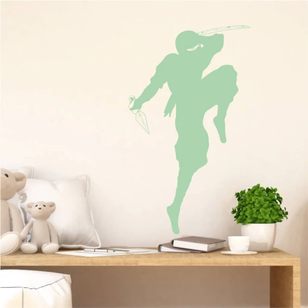 Ninja painting template for kids 2098 - Graphic design featuring a ninja in a dynamic pose with a sword and shuriken.
