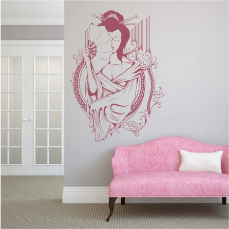 Geisha 2054 painting template - Living room setup with light walls, pink sofa, and white cushion.