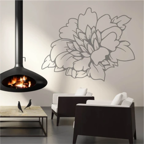 Floral painting template 2083 - Living room setup with light walls and large floral graphic by the fireplace.