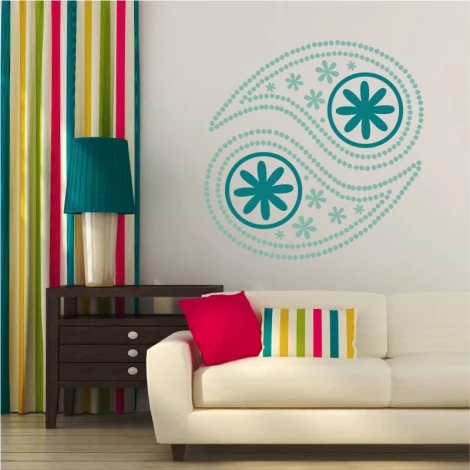 Painting template ornament 2104 - Living room setup. Light-colored walls, striped curtains.