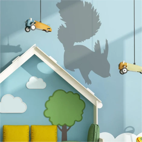 Squirrel painting template 2133 - Decor for a child\'s room. Light-colored walls with cloud-shaped elements.