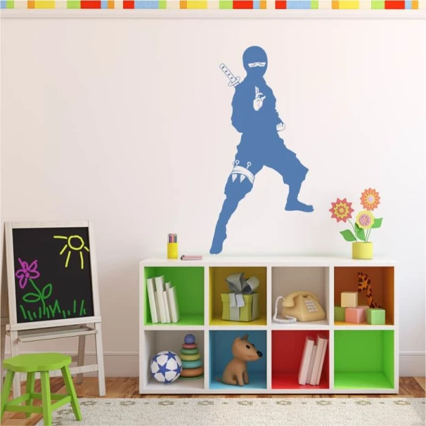 Ninja warrior wall template for kids - Brightly colored walls and various furniture in a child\'s room setting.
