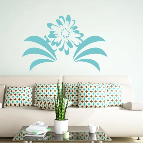 Flower wall template 2053 - Living room arrangement. Light walls, sofa with geometric patterned cushions.