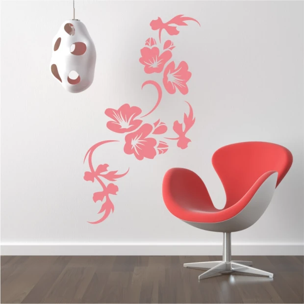 Wall template with flowers and leaves 2118 - Modern living room decor. Light-colored walls, wooden floor.