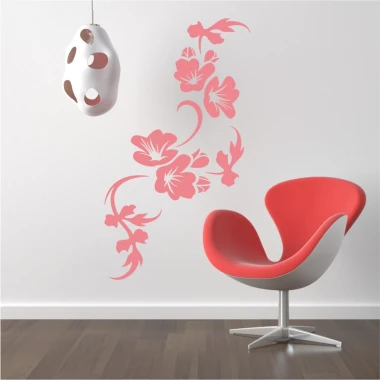 Wall template with flowers and leaves 2118 - Modern living room decor. Light-colored walls, wooden floor.