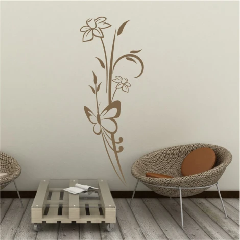 Wall template with flowers and butterflies 2090 - Living room decor. Light walls with natural elements.