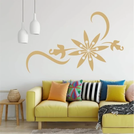 Wall template ornament 2129 - Living room arrangement. Light walls with colorful cushions on the sofa.