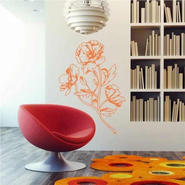 Wall template with wildflowers 2045 - Living room arrangement. Light-colored walls, modern furniture, and lighting.