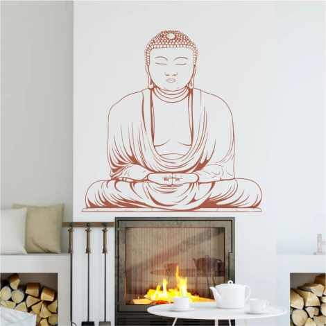 Wall template of Buddha statue 2059 - Living room setup with light walls, minimalist furniture, and a fireplace.