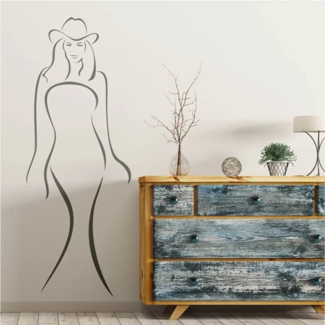 Woman silhouette wall template 2037 - Living room decor with light walls and rustic wooden furniture.