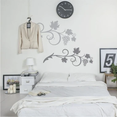 Vine wall template 2127 - Bedroom decor with light walls, minimalist furniture, and a wall clock.