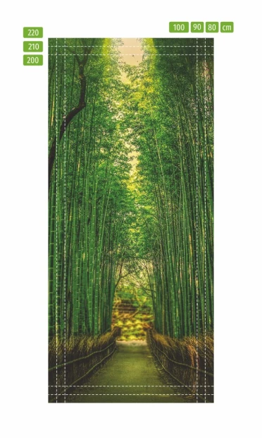 Bamboo door wallpaper FP 6158 - Graphic design featuring a dense bamboo forest with a narrow path among green stalks.