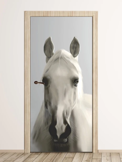 White horse door mural FP 6184 - Graphic design featuring a white horse on a gray background.