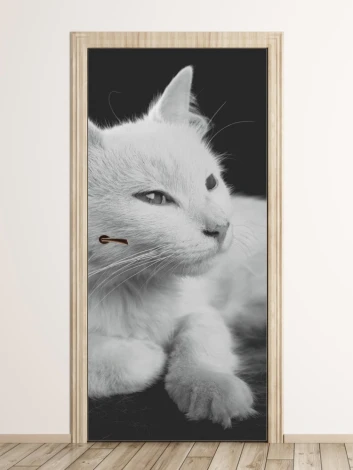 White cat door mural FP 6169 - Graphic design featuring a white cat on a dark background.