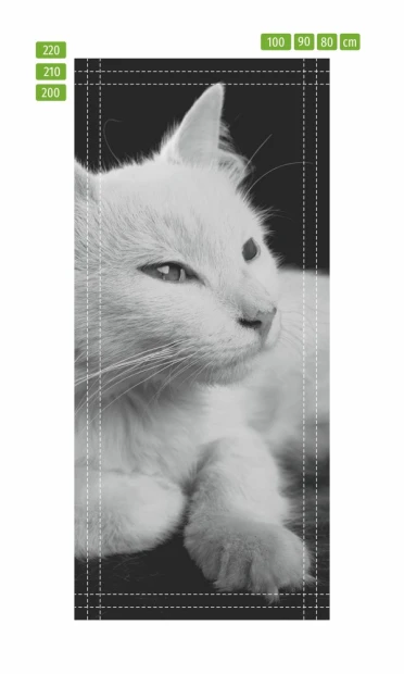 White cat door wallpaper FP 6169 - Graphic design featuring a white cat lying on a black background, head visible.