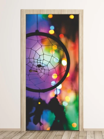 Dream catcher door mural FP 6173 - Graphic design with a circle, net, feathers, and a colorful blurred light background.