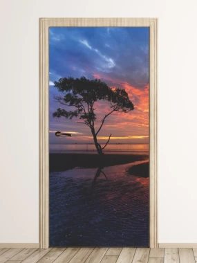 Tree door mural FP 6155 - Graphic design featuring a tree against a sunset and water backdrop.
