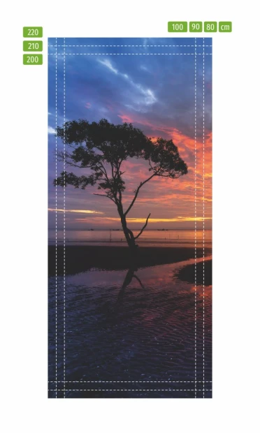 Tree door mural FP 6155 - Graphic design featuring a tree against a sunset background with reflections.