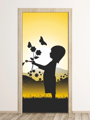 Girl Door Mural FP 6152 - Graphic design featuring a silhouette of a girl holding flowers with butterflies in the background.