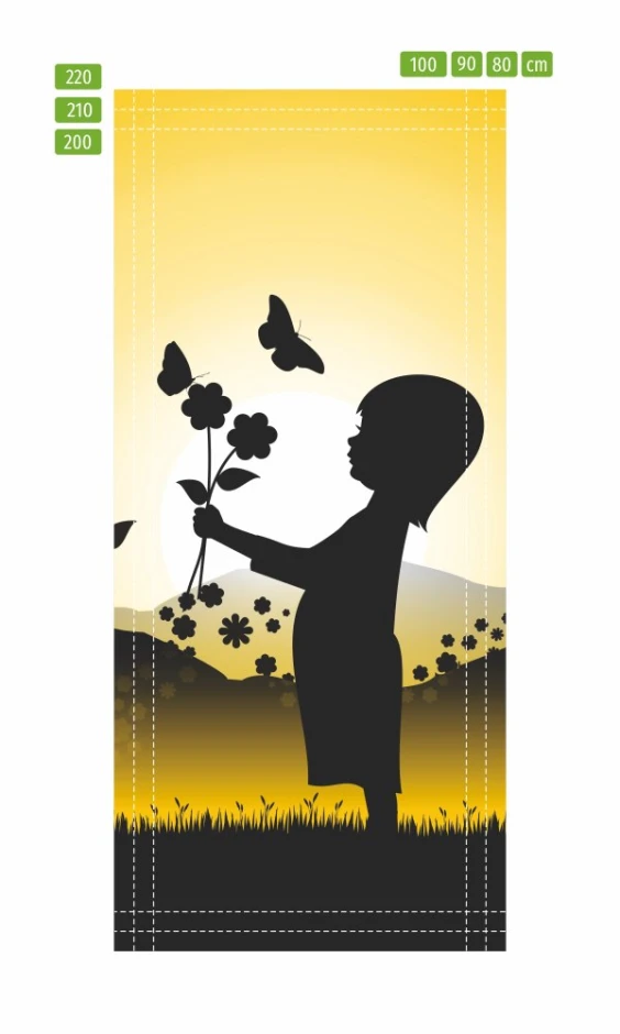 Girl Door Mural FP 6152 - Graphic design featuring a girl silhouette with flowers and butterflies against a yellow sun backdrop.