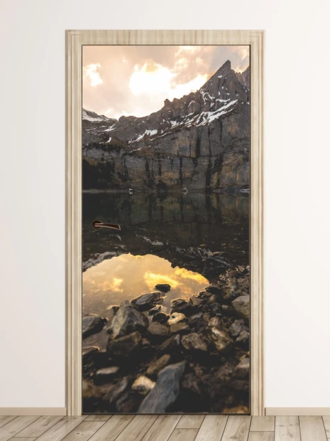 Mountain lake door wallpaper FP 6157 - Modern interior design with light-colored walls.