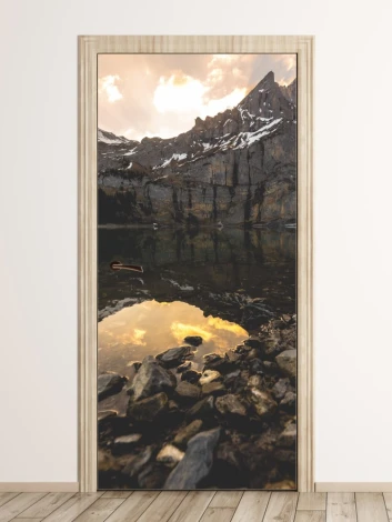 Mountain lake door wallpaper FP 6157 - Modern interior design with light-colored walls.