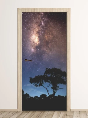 Starry sky door mural FP 6156 - Modern interior design with light-colored walls and wooden accents.
