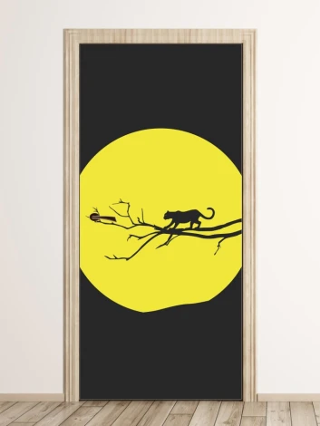 Jaguar door mural FP 6194 - Graphic design with a black background, yellow circle, and jaguar silhouette on a branch.