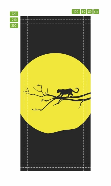 Jaguar door wallpaper FP 6194 - Graphic design. Black background with a yellow circle and a jaguar silhouette on a branch.