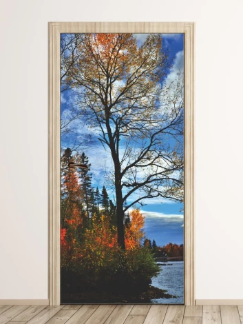 Lake door mural FP 6154 - Living room decor with light-colored walls and wooden floor.