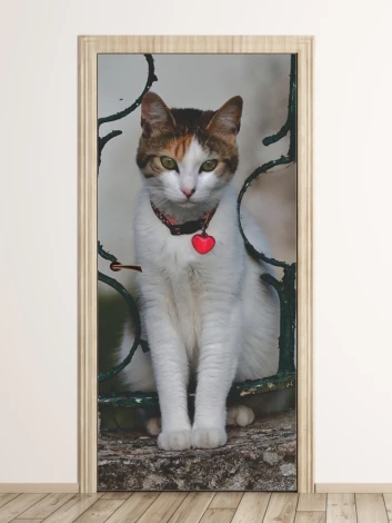 Cat door mural FP 6171 - Graphic design featuring a cat sitting on a wall with a heart necklace and expressive eyes.