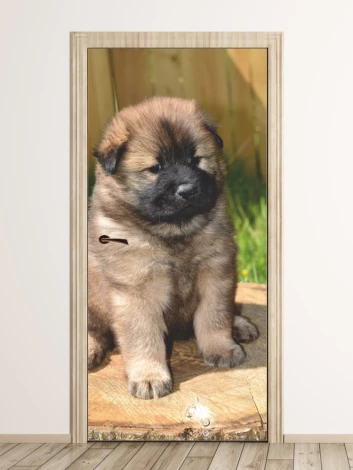 Young dog door mural FP 6180 - Graphic design featuring a puppy against a wooden stump and greenery.