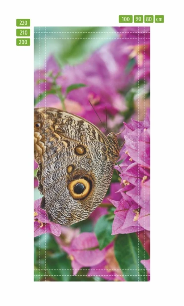 Butterfly door mural FP 6162 - Graphic design featuring a butterfly on a pink flower background with wing and leaf details.