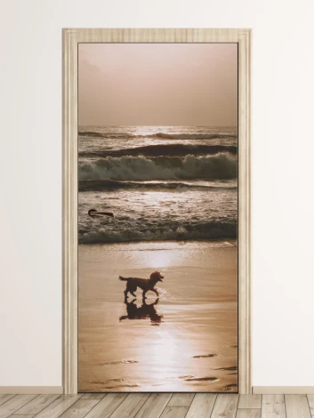 Beach walk door mural FP 6175 - Graphic design featuring a dog on the beach, ocean waves, and a sunset.