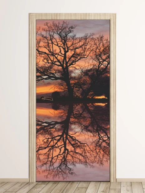 Tree silhouette door wallpaper FP 6153 - Modern interior design with light-colored walls and wooden flooring.