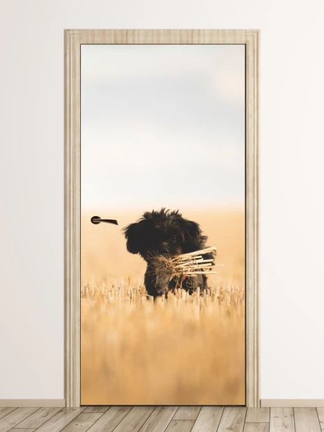 Puppy door mural FP 6179 - Bright room decor with neutral walls and wooden flooring.