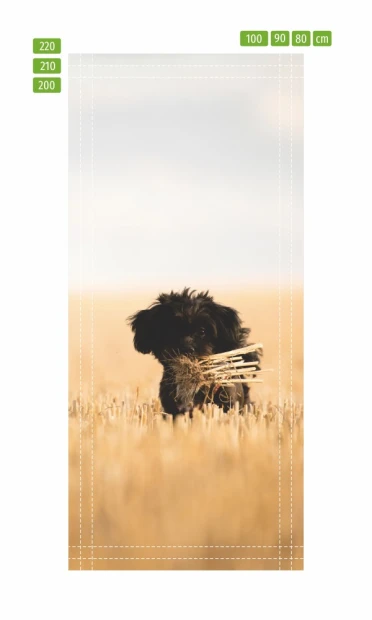 Puppy door wallpaper FP 6179 - Graphic design featuring a puppy holding a twig, surrounded by grain.