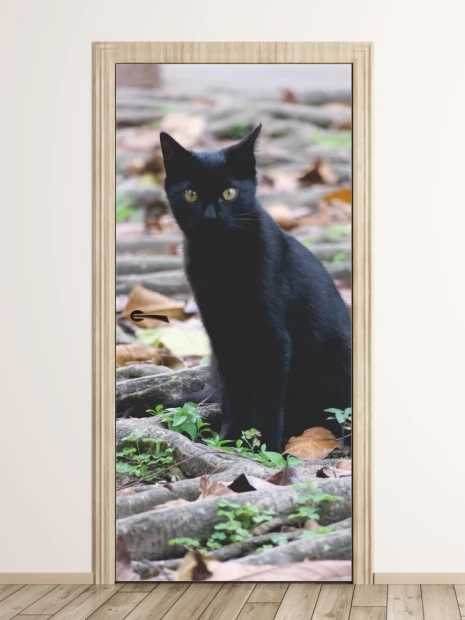Black Cat Door Mural FP 6208 - Graphic design featuring a cat sitting against a backdrop of earth with leaves and green plants.