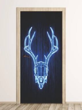 Skull door wallpaper FP 6221 - Graphic design featuring a blue skull with horns on a dark background.