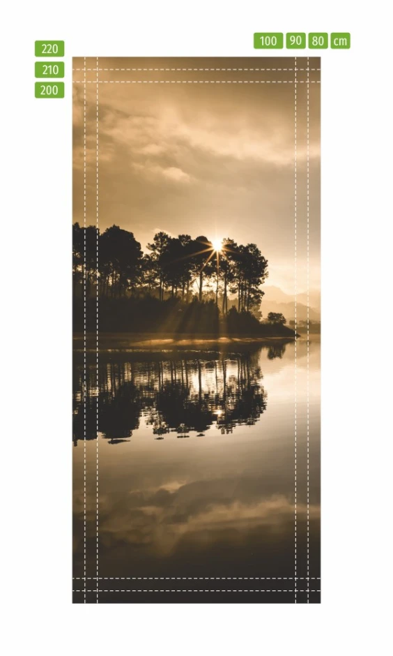 Wallpaper for doors featuring trees in sunlight, FP 6223 - Graphic design showcasing trees illuminated by sunlight.