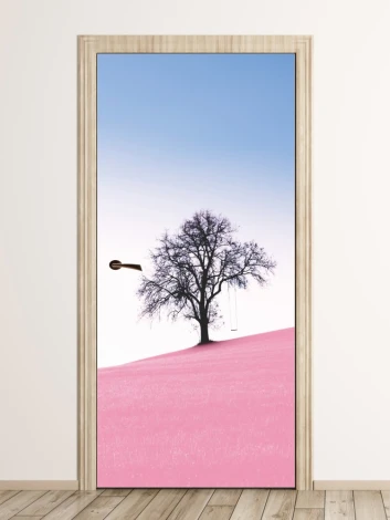 Tree door wallpaper FP 6207 - Graphic design featuring a black bare tree trunk with branches on a pink background.